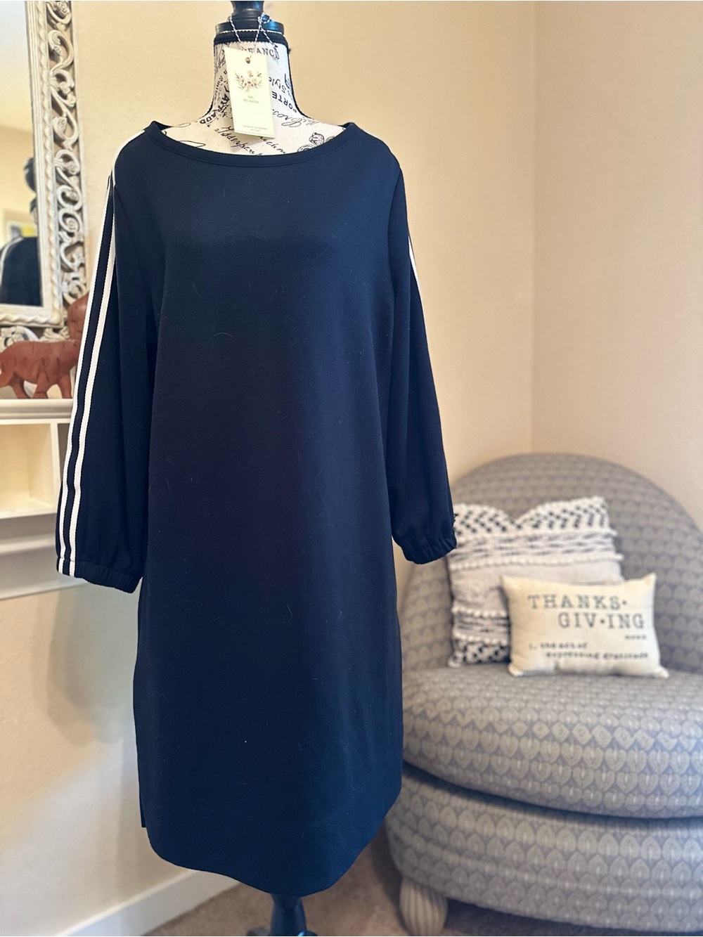 Chico's Black Long Sleeve Dress with White Sleeve Stripes